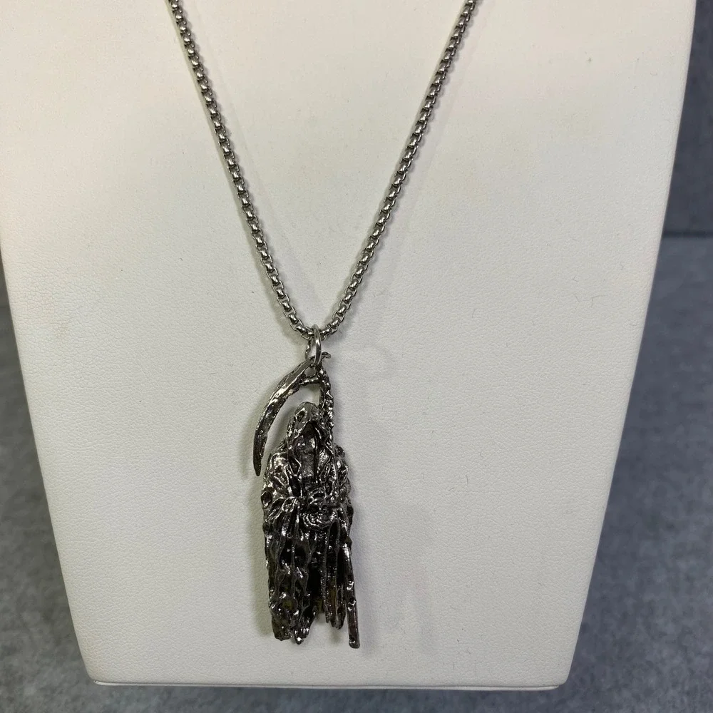 Grim Reaper Pendant Necklace Silvertone Gothic Halloween Death Biker Emo New
